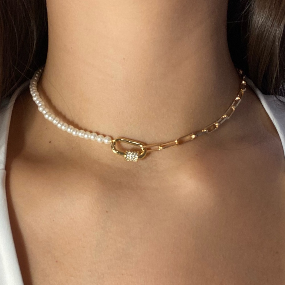 18K Gold Plated Carabiner Charm Necklace with 14K Gold Chain and Pearls